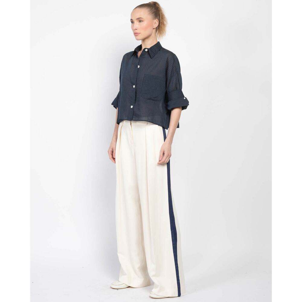 Elegant Cream Wide Leg Pants with Navy Stripe